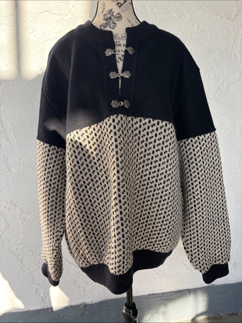Vintage Navy and Cream Knit Sweater with Decorative Clasps